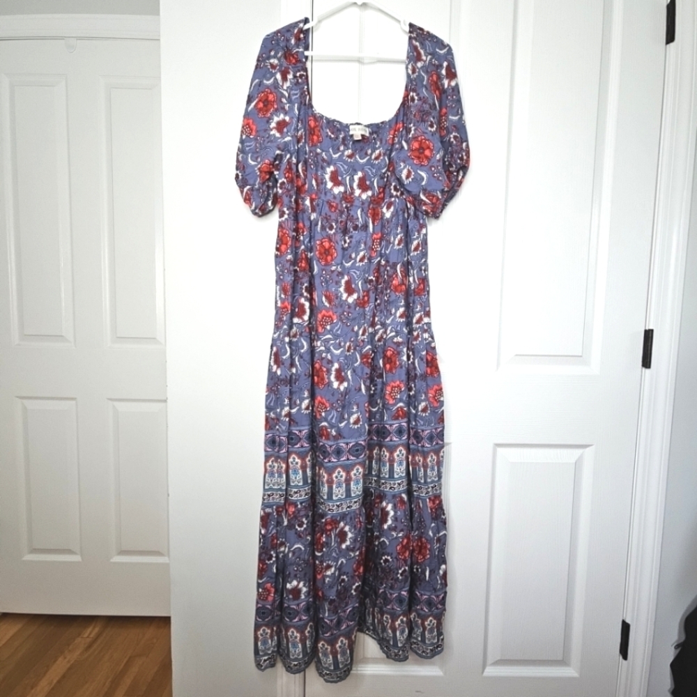 Knox Rose Boho Maxi Dress XXL Floral Puff Sleeve Blue Peasant Cottagecore Chic